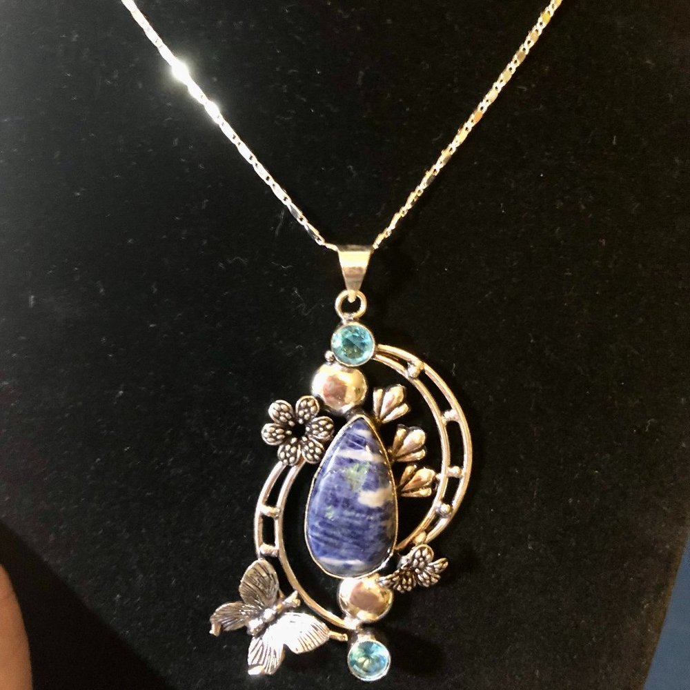 Butterfly Flower Sodalite, Blue Topaz Real Gemstone Necklace